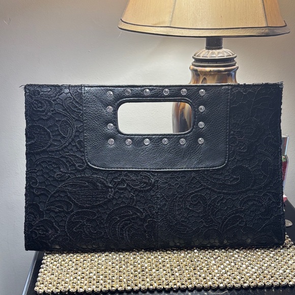 Handbags - Elegant Black Lace Clutch with Studded Rhinestone Handle